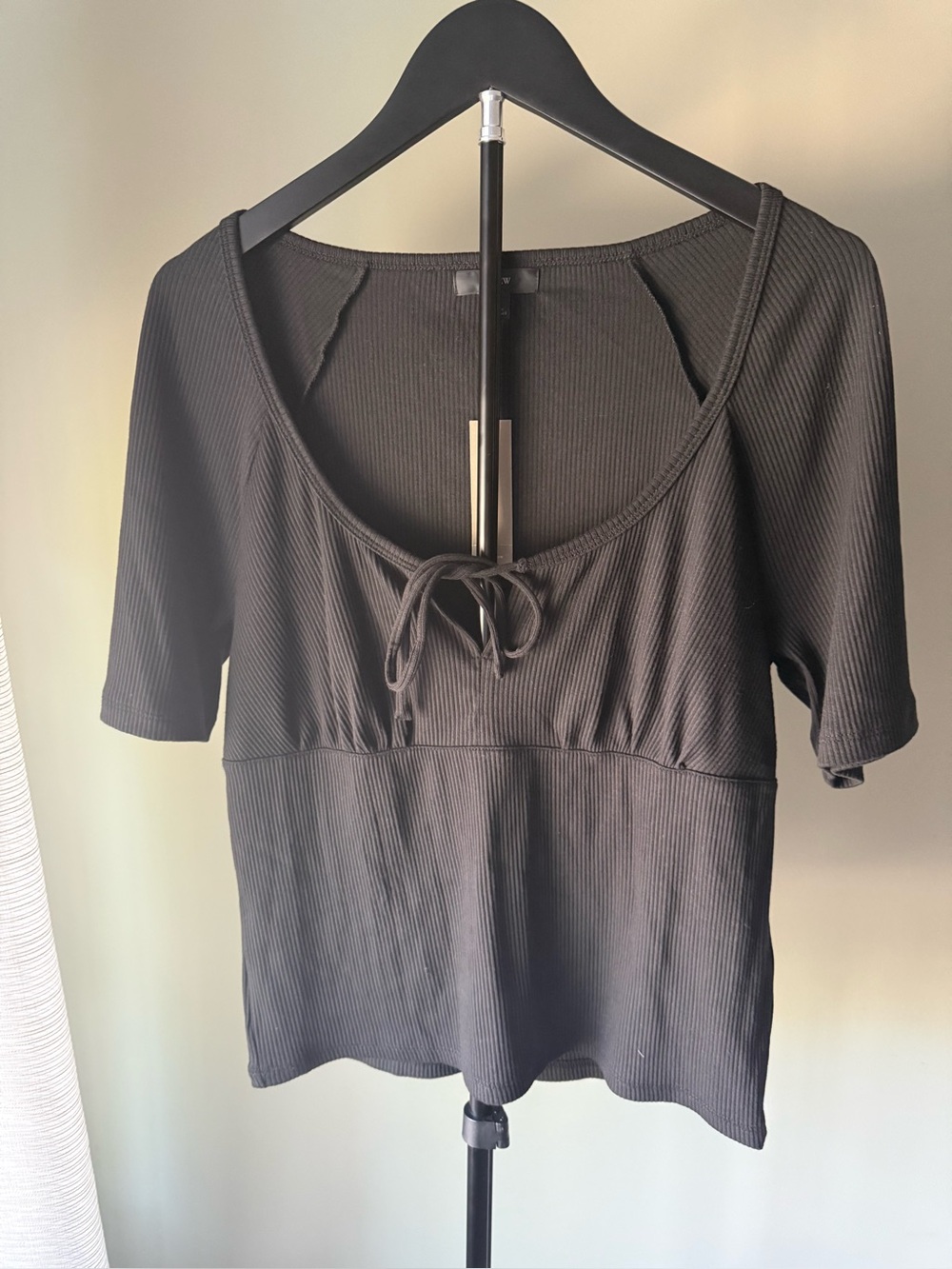 NWT J. Crew Black Ribbed Short-Sleeve Crewneck Sweater with Tie SZ L (16" P2P)